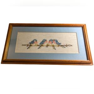 Framed Blue and Brown Bird Embroidery Decor